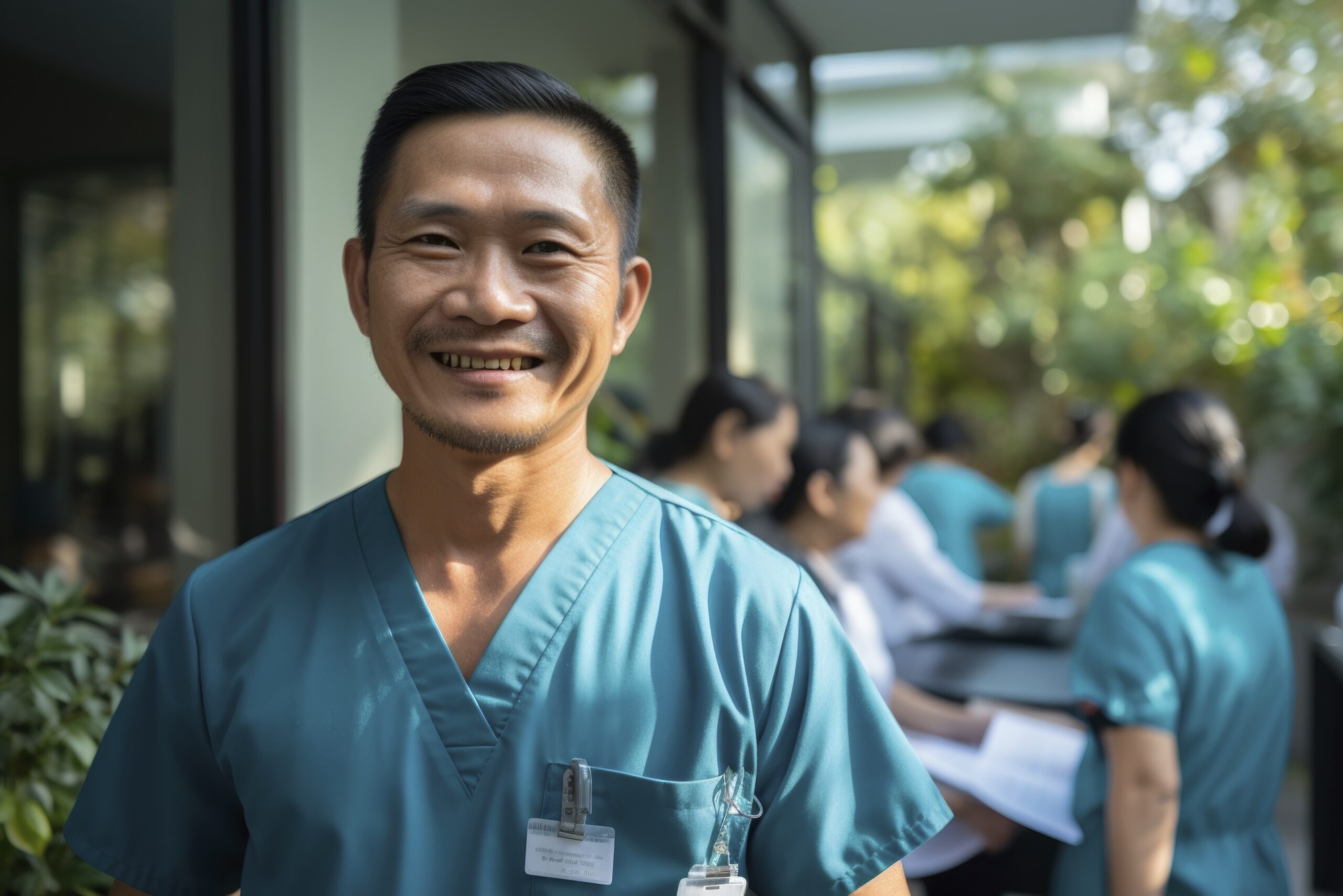 Smiling Asian health staff in nursing uniform. Nurses chatting and working in the background.