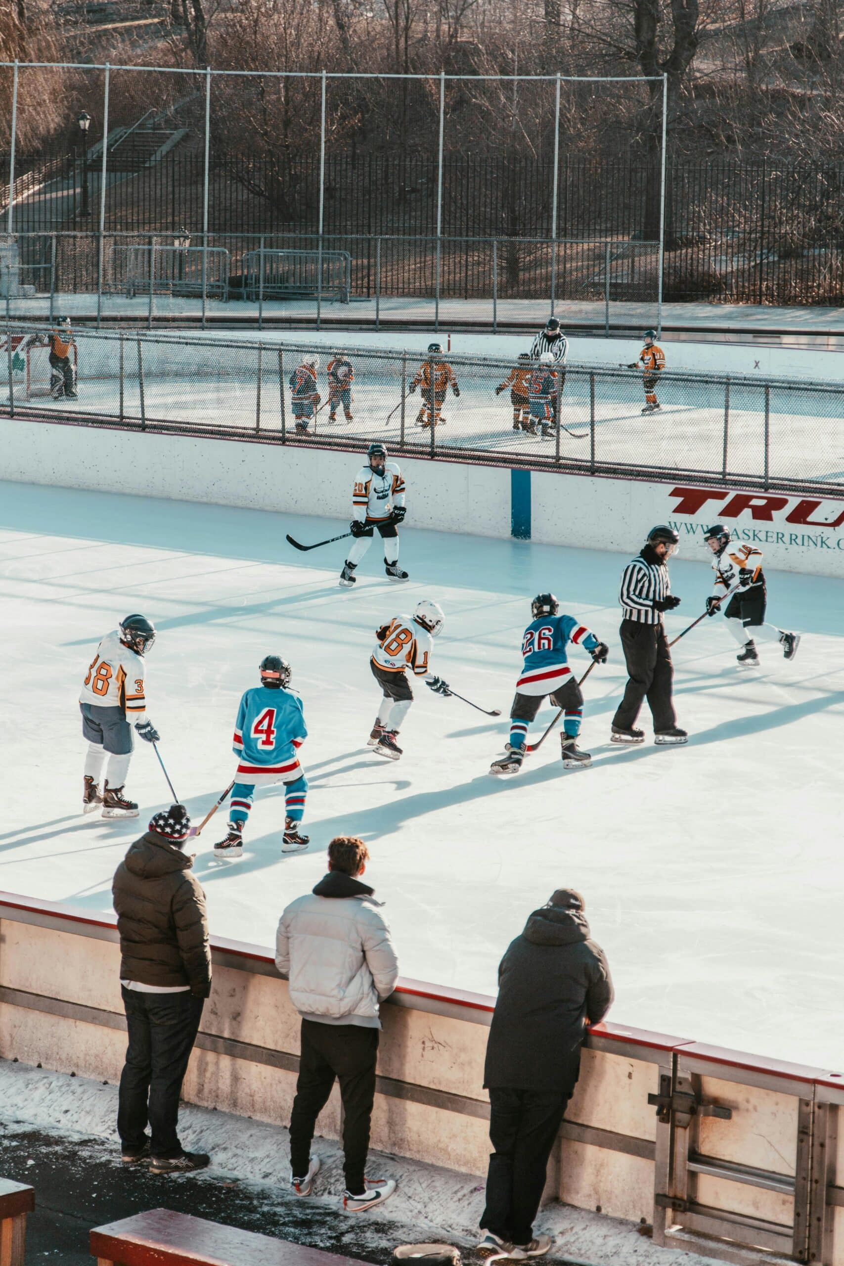 Ice-hockey players playing a match, while their friends cheer them on from the side.