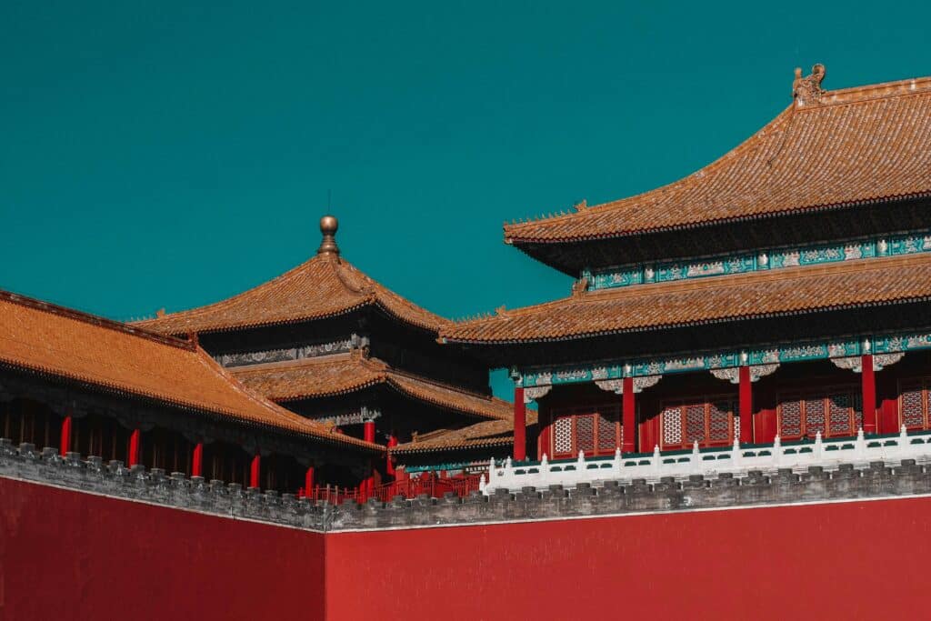 Shot of part of Beijing's Forbidden City, under a very blue sky