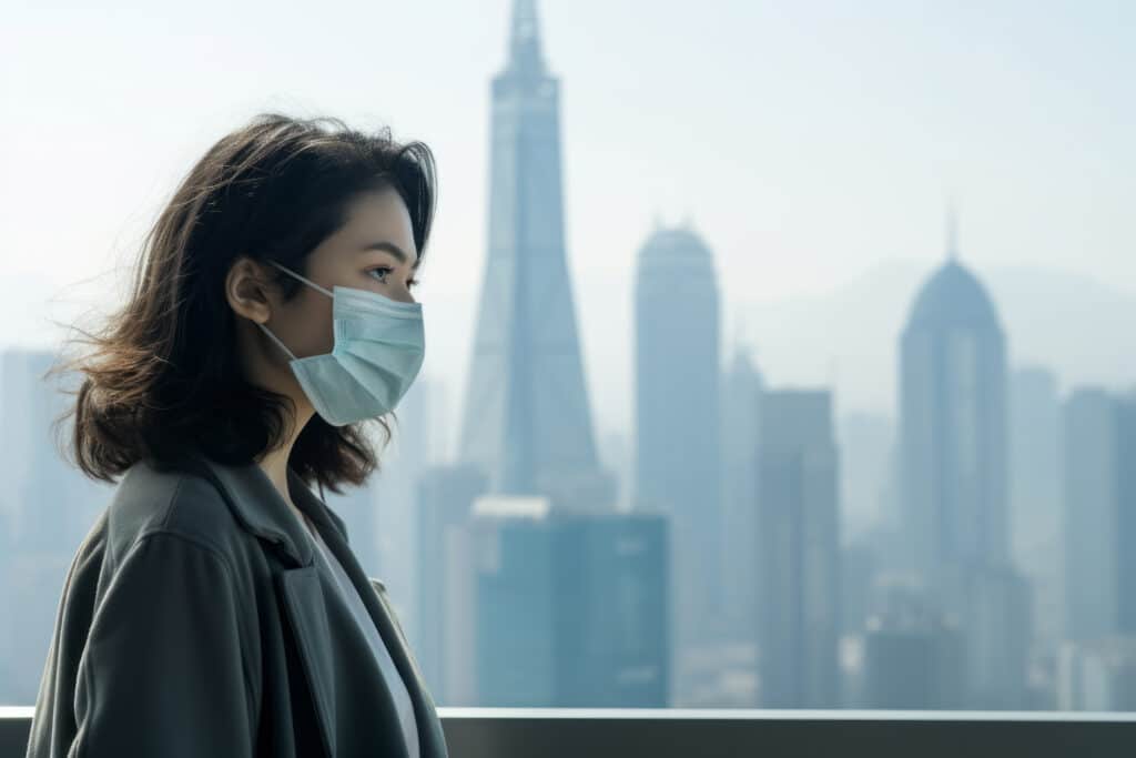 Young Asian woman wearing a mask to avoid pollution in a big city, with buildings in the background.