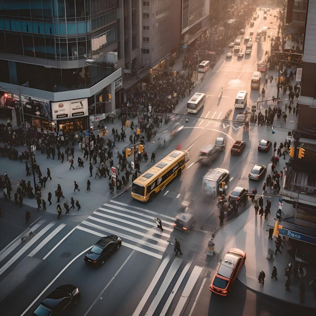 The photo shows a crossroads in a busy city full of people and cars. The image is slightly blurred to show the movement of the cars.