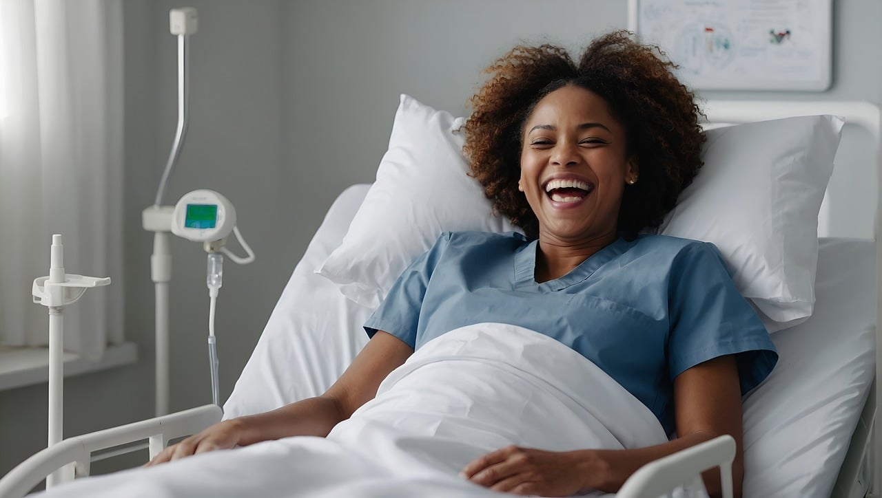 A black patient is laughing out loud and looks happy. She is wearing a medical gown and lying semi-recumbent on her hospital bed. She is receiving an intravenous drip.