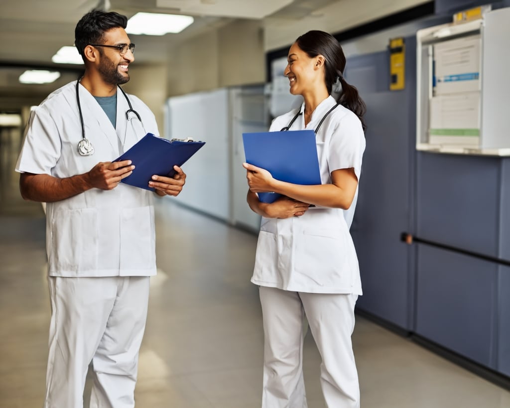 Two doctors, a man and a woman, wearing lab coats and holding documents, smile at each other in the corridor of a hospital.