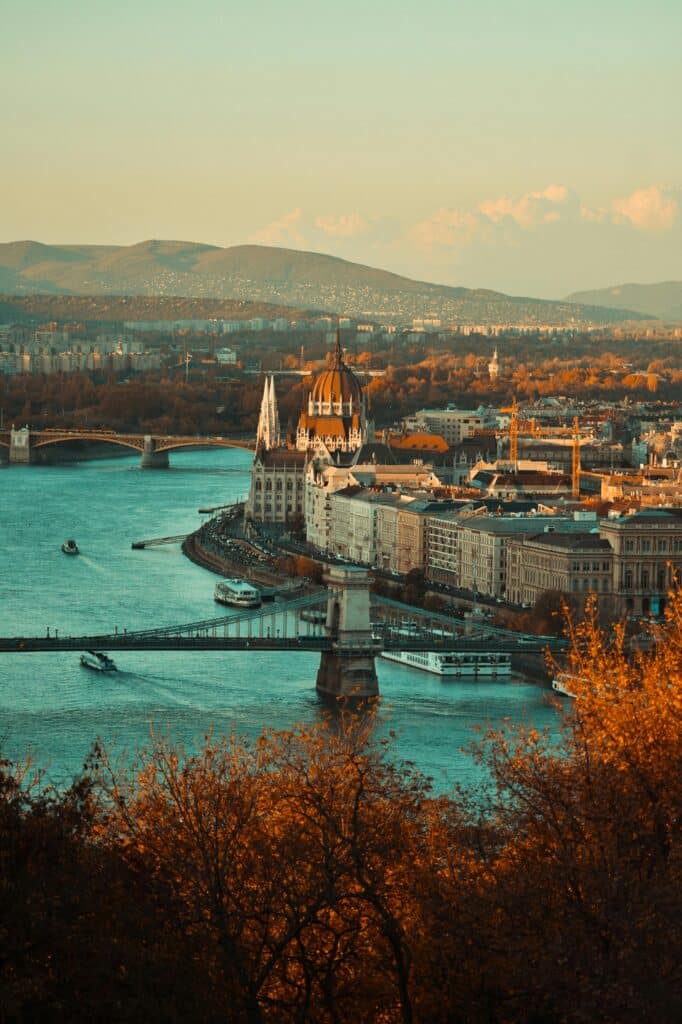 Vintage-style photo of the city of Budapest in Hungary, with an aerial view of the Danube.