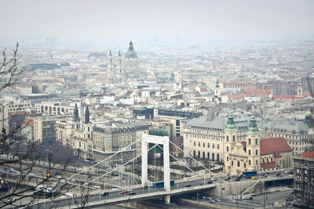 Aerial view of the city of Budapest and its houses. The photo reflects the cloudy, misty weather.