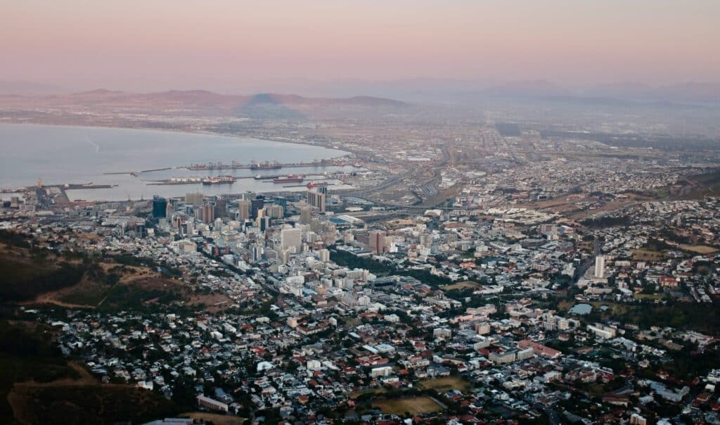 Aerial view of the city of Cape Town in South Africa, taken in the evening just before sunset.