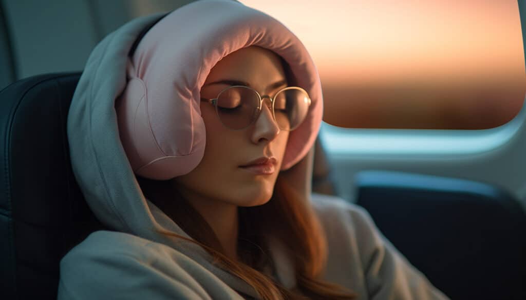 A woman wearing glasses and a grey hoodie fell asleep sitting on her plane seat mid-flight. You can see the sunset through the window.