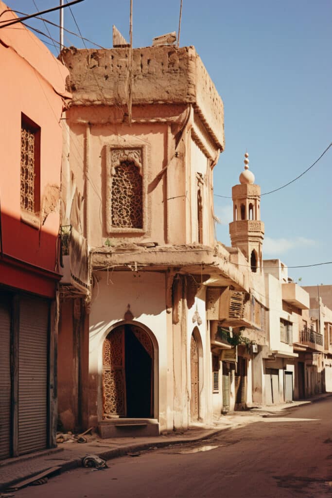 Maghreb house in a small, empty street. The sun beats down on the front of the house.